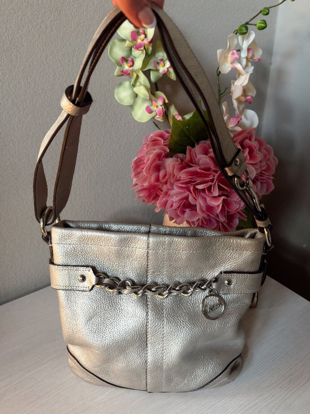 Coach Metallic Silver Leather Shoulder Bag